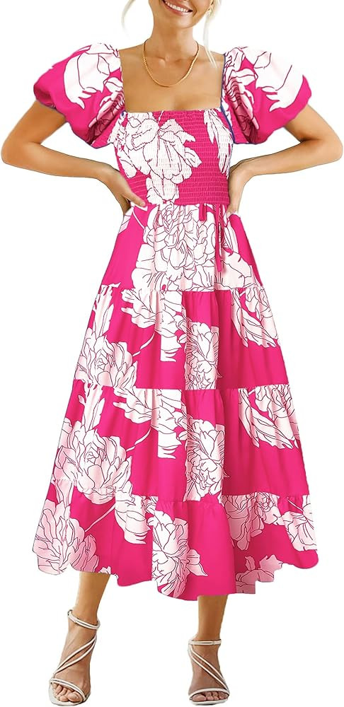 GOLDSTITCH Women's Smocked Maxi Dress Square Neck Ruffle Hem Puffy Short Sleeve Flowy Midi Dress | Amazon (US)