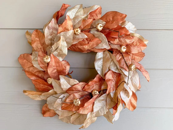 Metallic Magnolia Leaf and Gold Pumpkin Wreath Fall Magnolia - Etsy | Etsy (US)
