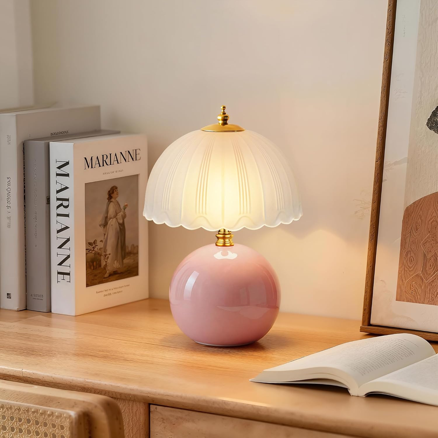 Mushroom Table Lamp, Ceramic Bedside Lamp with Glass Shade, 3-Way Lighting (2700K-5000K) Rocker Switch, Small Nightstand Lamp for Bedroom, Living Room, Office, Pink | Amazon (US)
