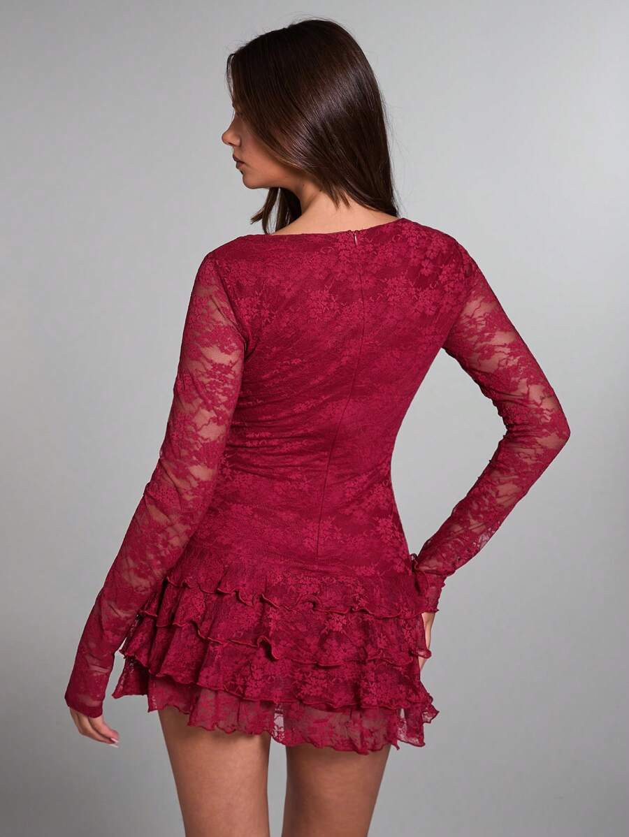 SHEIN BAE Women Burgundy Solid Color Elegant Lace Trim Layered Ruffles Hem Mini Dress For Dating ... | SHEIN