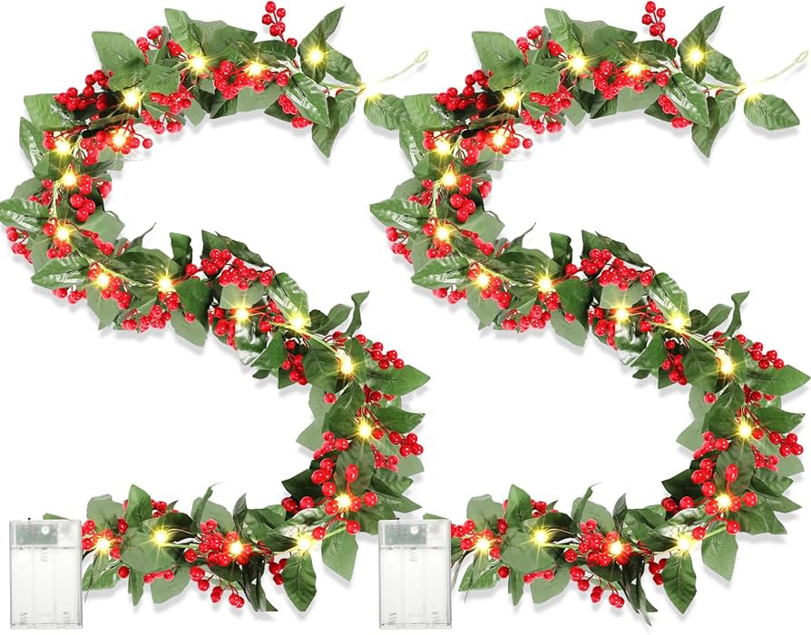 Jexine 2 Pcs Prelit Christmas Garland, 6.6 ft LED Lights Holly Leaves Garlands, Battery Operated ... | Amazon (US)