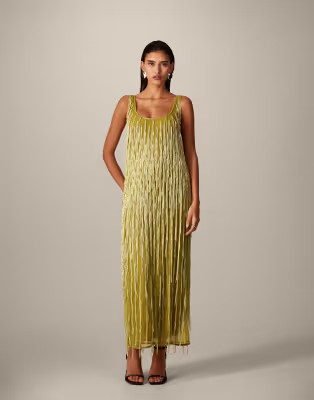 ARRANGE beaded fringe scoop neck midi dress in olive | ASOS (Global)