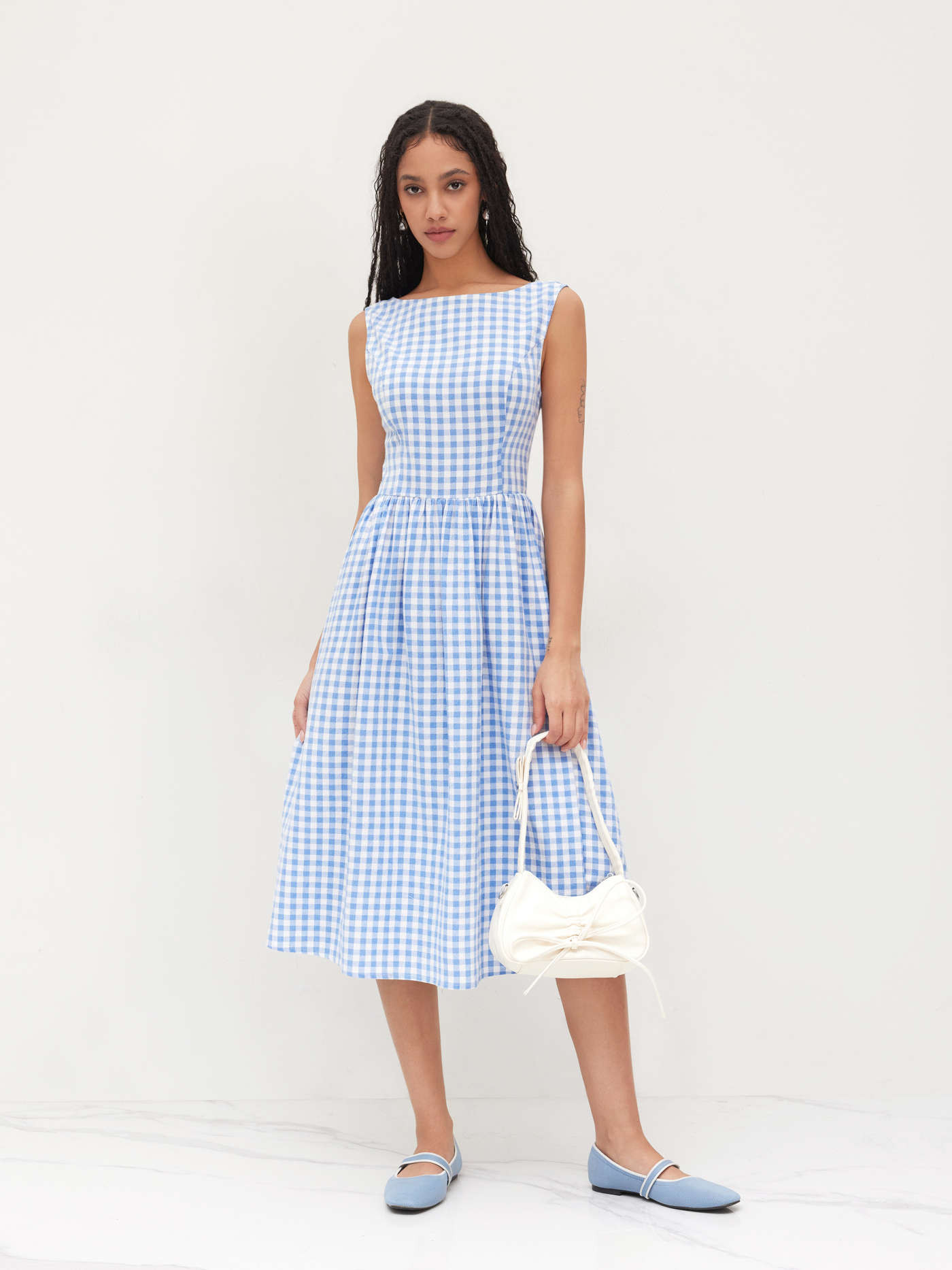 100% Cotton Boat Neck Gingham Backless Bowknot Ruffle Midi Dress | Cider