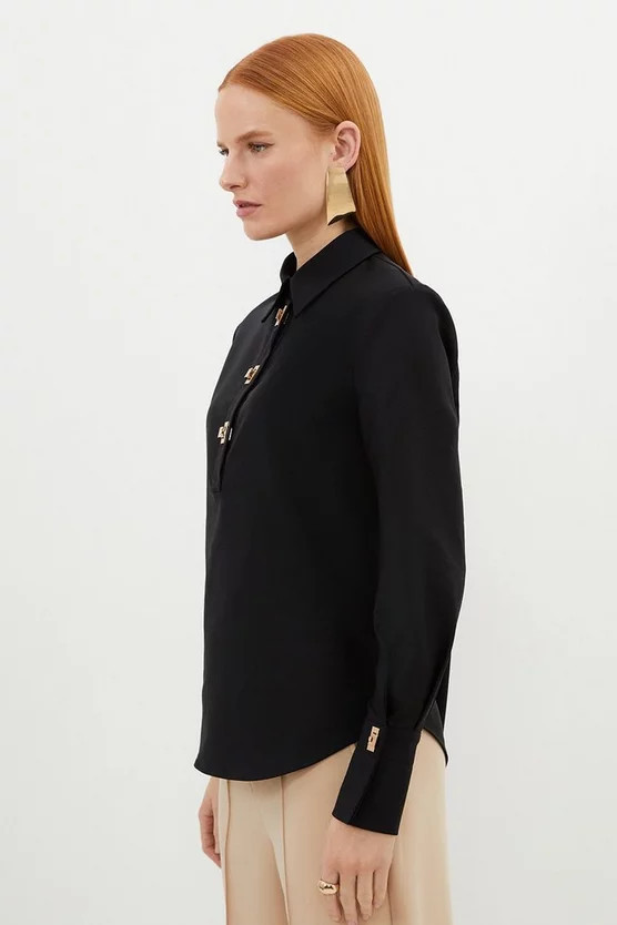 Techno Cotton Woven Shirt With Gold Clasp | Karen Millen UK + IE + DE + NL