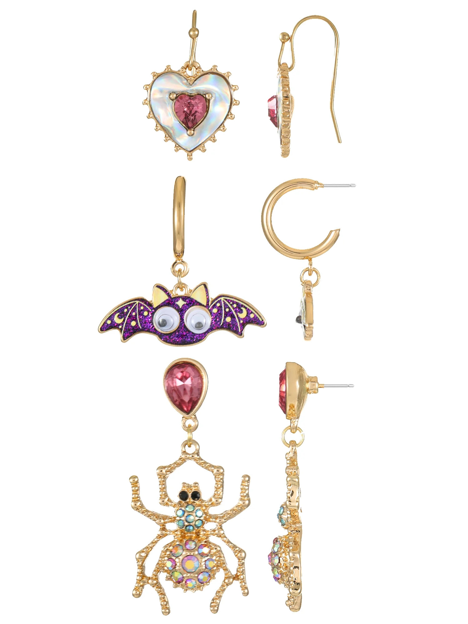 Way to Celebrate Halloween Lindo Mini Aro Arete Trio, Araña, Bat, Corazón, 3 Pares | Walmart (US)