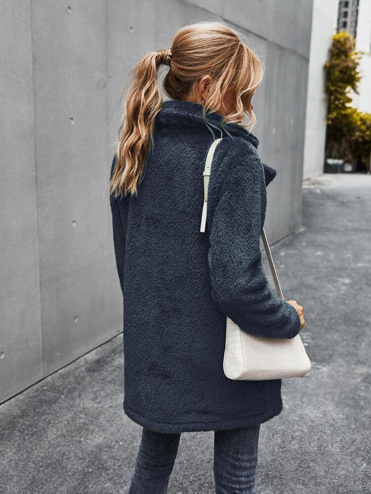 Dual Pocket Lapel Neck Teddy Coat | SHEIN