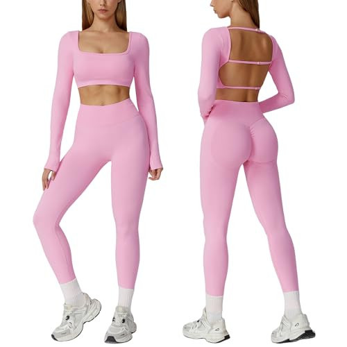 ABOCIW Workout Sets for Women 2 Piece Seamless Backless Long Sleeve Crop Top with Built-in Bra High Waisted Leggings Gym Sets Yoga Pilates Outfits Pink Small | Amazon (US)
