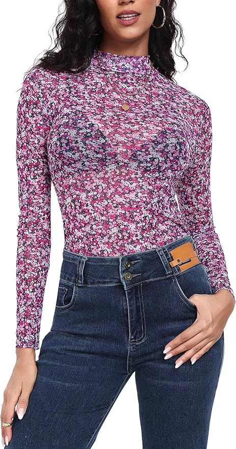 Women Mesh Top Floral Mesh Long Sleeve Tops Mock Neck See Through Tops Fitted Sexy Going Out Tops | Amazon (US)