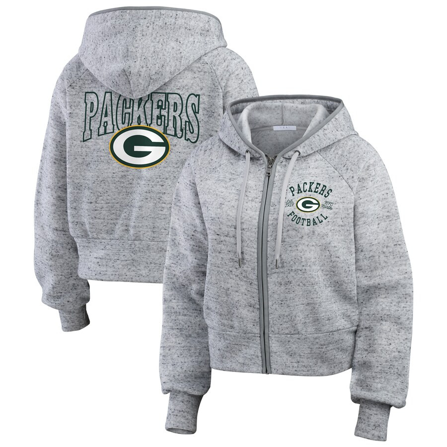 Green Bay Packers WEAR by Erin Andrews Women's Speckled Fleece Cropped Full-Zip Hoodie - Heather ... | Fanatics