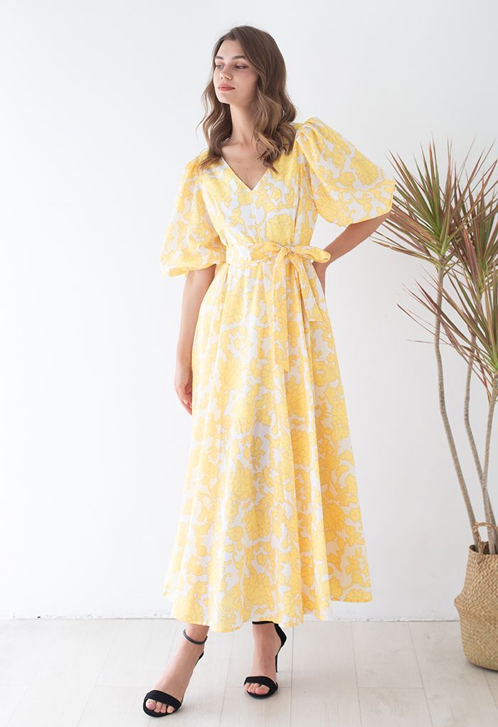 Divine Flower Vine Printed V-Neck Maxi Dress in Yellow | Chicwish