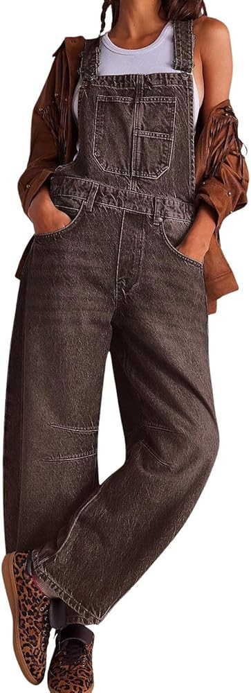 utcoco Womens Denim Overalls Loose Fit Barrel Leg Adjustable Strap Hip Hop Jean Jumpsuits | Amazon (US)