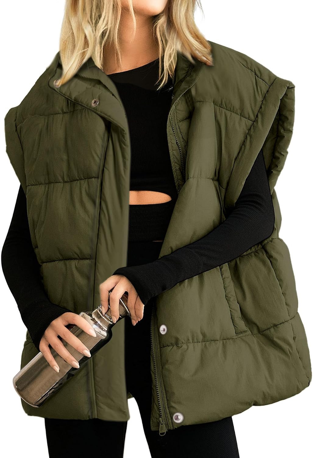 Womens Oversized Puffer Vest Stand Collar Full Zip Sleeveless Bubble Puffer Vest Quilted Padded Warm Coat Outwear | Amazon (US)