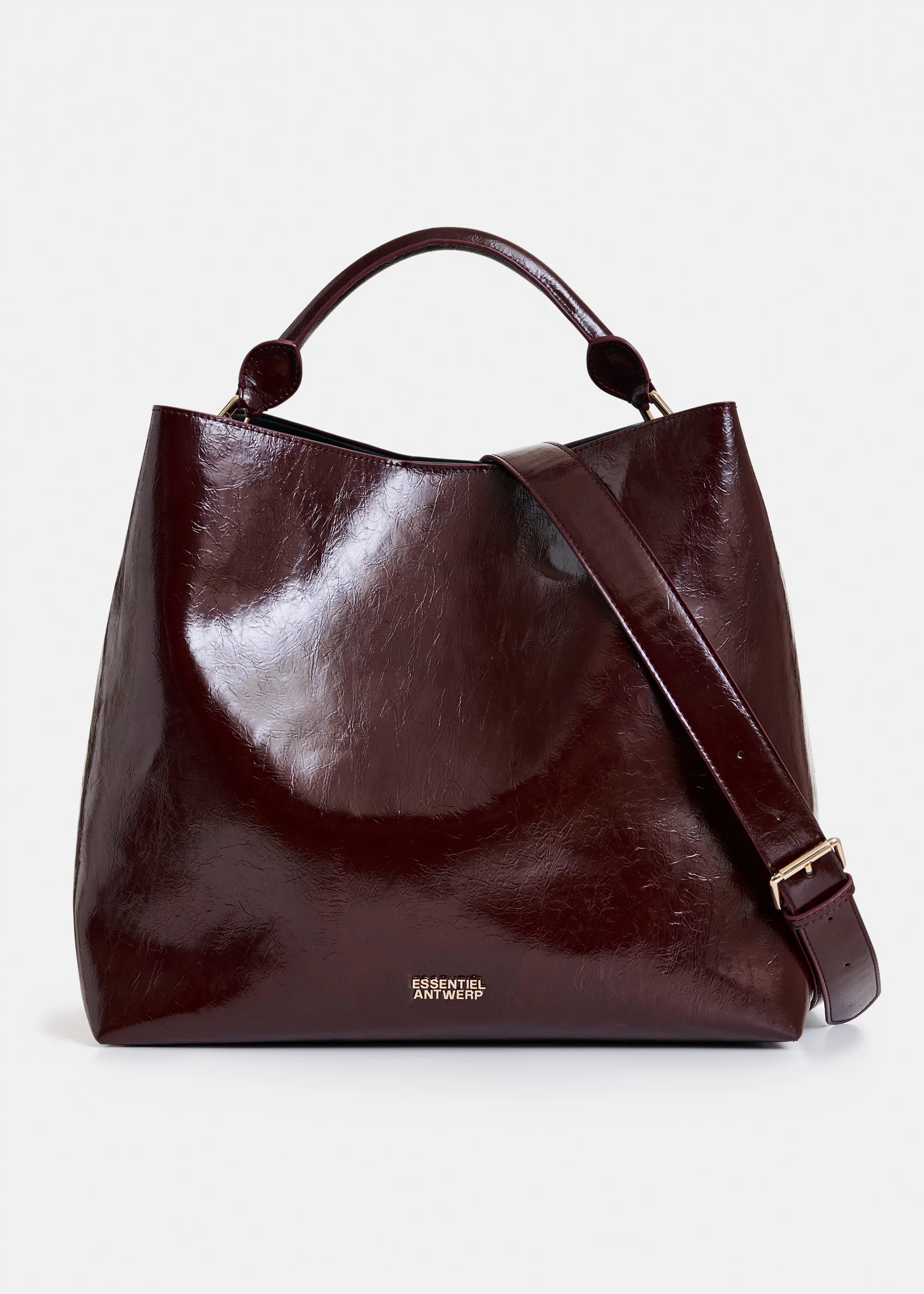 Brown glossy shopper bag with detachable shoulder strap | Essentiel Antwerp United Kingdom | Essentiel Antwerp
