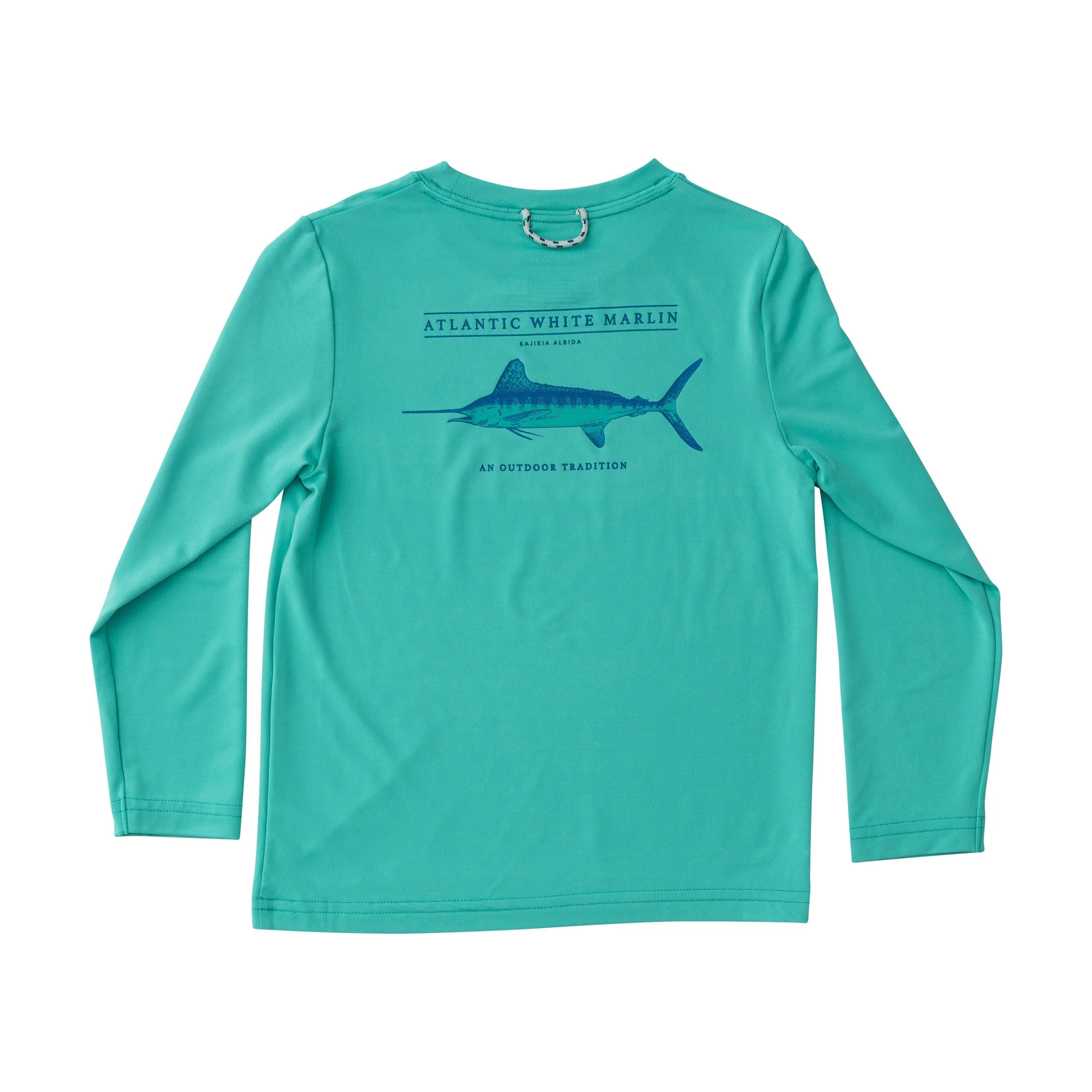 Kids Pro Performance Long Sleeve Fishing T-shirt in Atlantis Green with White Marlin Fish | PRODOH