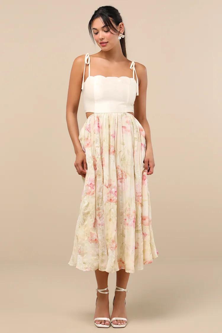 Rosalee Ivory Floral Mixed Media Midi Dress | Lulus