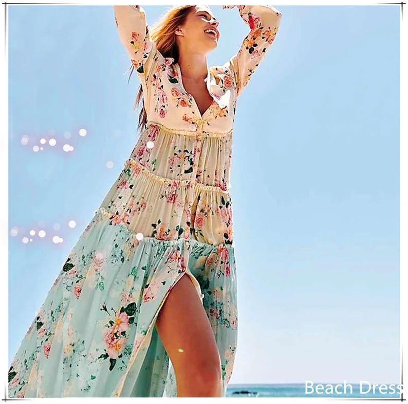 Summer Dress,Long Sleeve Bohemian Floral Stitching Vacation Beach High Waist Long Dress,Casual So... | Etsy (US)