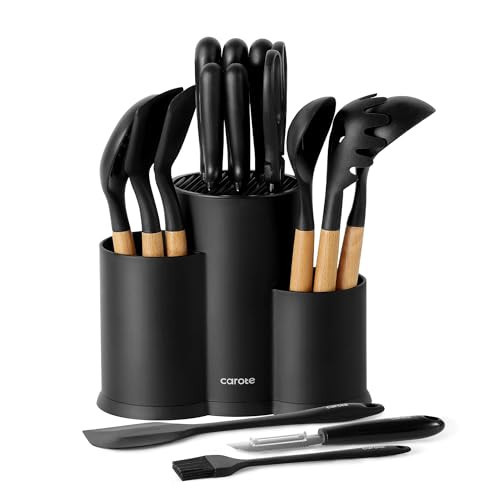 CAROTE 16 Pieces Kitchen Utensils Set, Silicone Cooking Utensils Set with Wooden Handle, Stainless Steel Knife Set with Block, Kitchen Utensil Gadgets Cutlery with Anti-slip Handle, Black | Amazon (US)