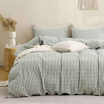 TOCOMOA Green Gingham Duvet Cover Set Washed Cotton Like Linen, Queen | Amazon (US)