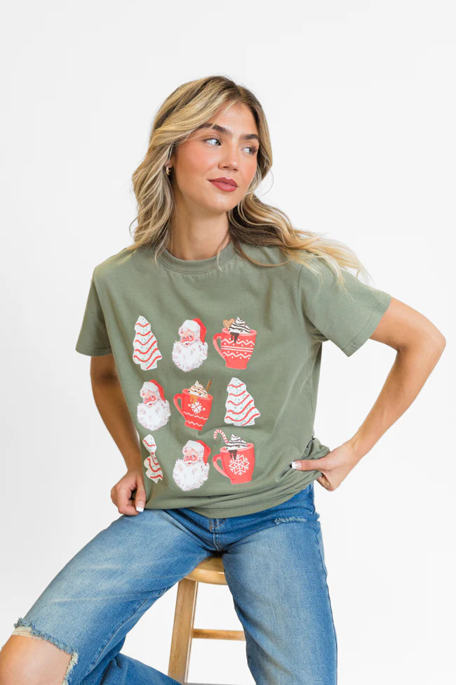 Santa Christmas Cakes Olive Oversized Graphic Tee | Pink Lily