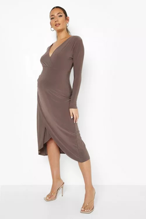 Maternity Slinky Wrap Ruched Midi Dress | Boohoo.com (US & CA)
