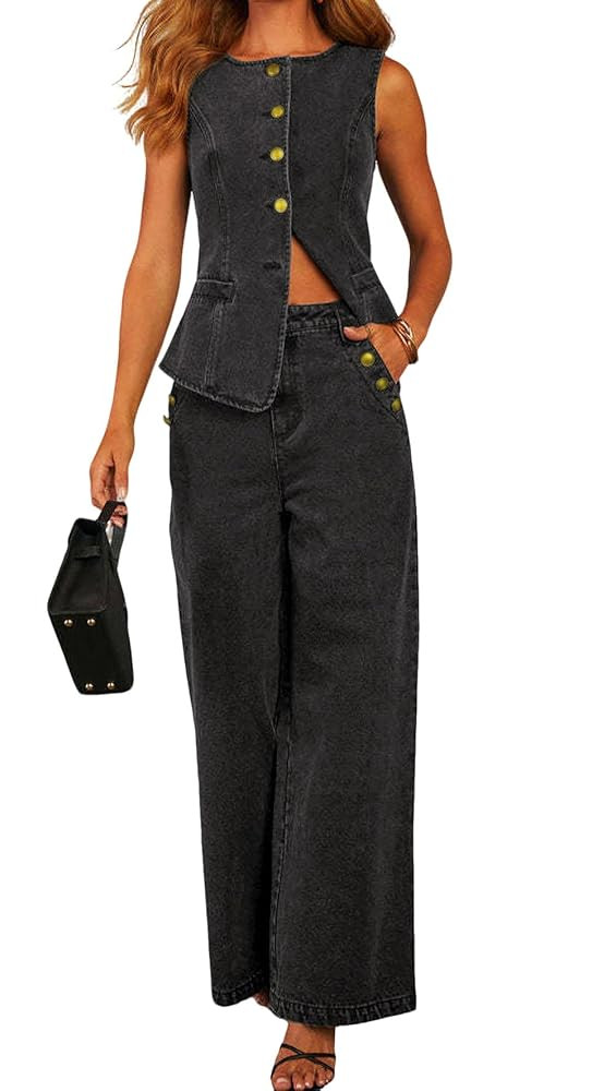 loveimgs Women 2 Piece Denim Set Button Sleeveless Jean Vest Denim Top Y2k Shirt Wide Leg Jeans P... | Amazon (US)