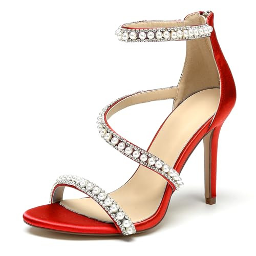MNTSUEDS Red Pearl Heels Sandals Stiletto Heels Open Toe High Heel Sandals Pump Shoes for Women Bride Wedding Party Evening Heels Satin Shoes Size 8.5 | Amazon (US)