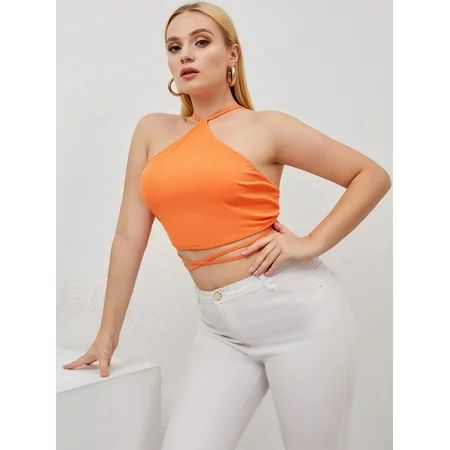 Sexy Women s Plus Crisscross Tie Backless Crop Halter Top 2022 Coral Orange 1XL(14) S059002X | Walmart (US)