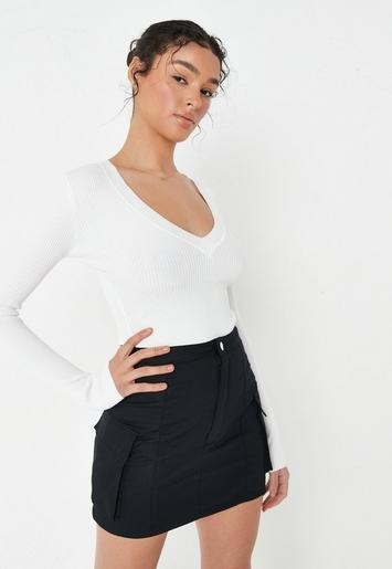 Missguided - White Skinny V Neck Rib Knit Bodysuit | Missguided (UK & IE)