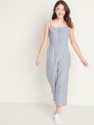 Square-Neck Linen-Blend Striped Cami Jumpsuit for Women | Old Navy (US)