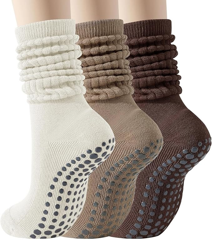 Pilates Socks with Grips for Women, 3 Pairs Long Scrunch Non Slip Yoga Barre Home Slouch Socks | Amazon (US)