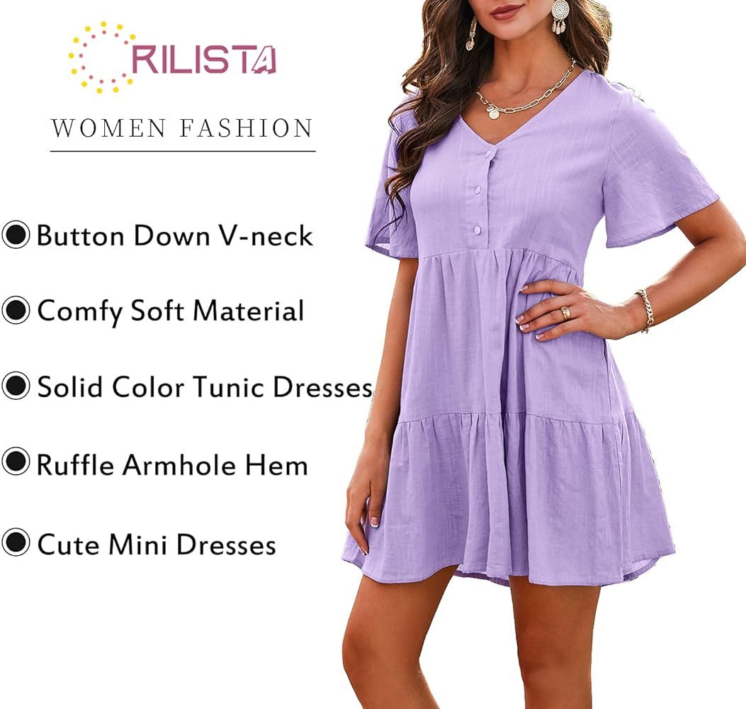 Rilista Womens Summer Dress Button V Neck Short Sleeve Casual Ruffle Hem Flowy Swing Mini Dresses | Amazon (US)
