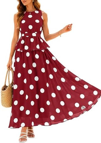 Glamaker Womens 2 Piece Polka Dot Maxi Skirt Set Sleeveless Peplum Top Flowy Matching Outfit for ... | Amazon (US)