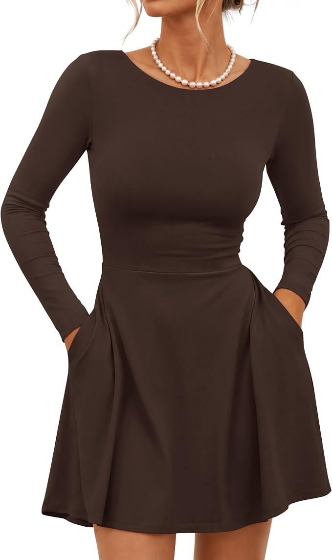 ZESICA Womens Fall Long Sleeve Tie Back A-Line Mini Dresses with Pockets | Amazon (US)