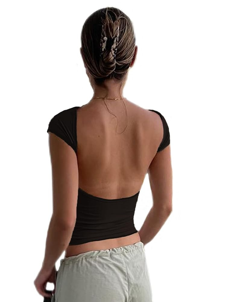 Women's Backless T-Shirts Y2K Crop Top Solid Casual Sleeveless Sexy Vintage Cut Out 2022 Summer F... | Amazon (CA)
