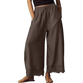 Anoumcy Lace Trim Wide Leg Pants for Women 2026 Spring Summer Cropped Lightweight Casual Pants | Amazon (US)