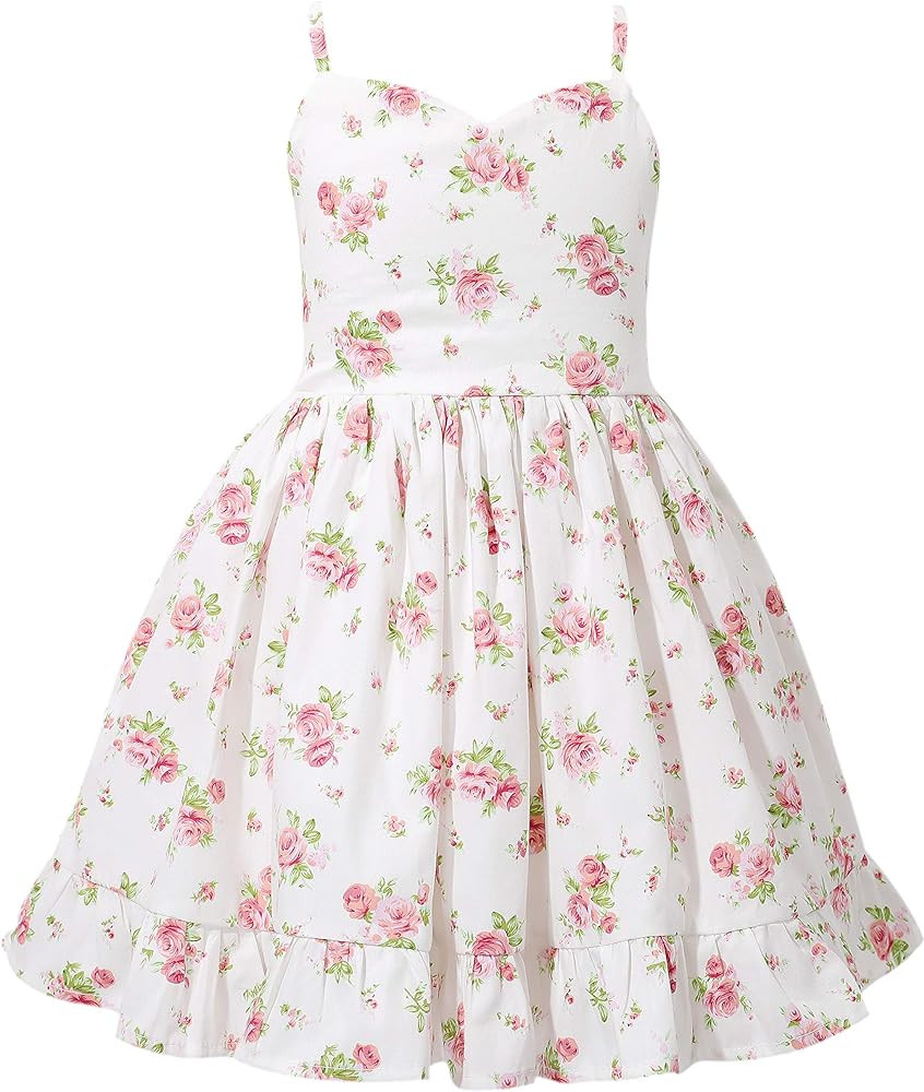 Flofallzique Floral Girls Tea Party Dress Summer Vintage Backless Kids Halter Beach Sundress | Amazon (US)