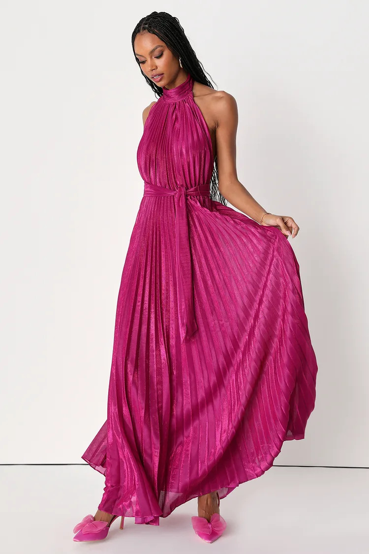 Everlasting Glow Shiny Magenta Pleated Halter Maxi Dress | Lulus