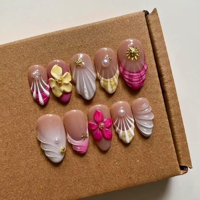 Press On Nails - Luxury Almond 3D False Nails Women Reusable ABS Material Finger Printed Nail Tip... | Amazon (US)