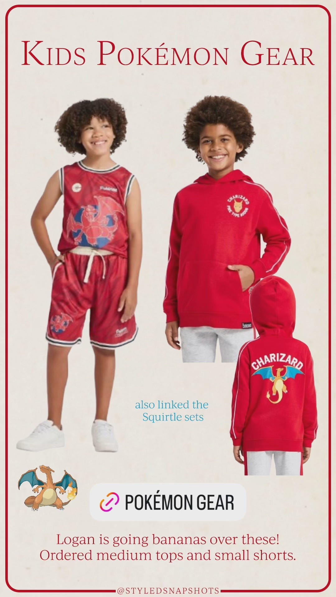 Logan is going bananas over this charizard jersey set. Ordered medium tops and small shorts. 

Kids Pokémon gear 

#LTKFindsUnder50 #LTKKids #LTKFindsUnder100