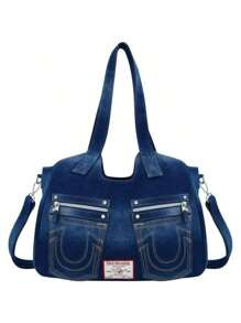 Brand Jeans Horseshoe Stitched Denim Shoulder Bag | SHEIN