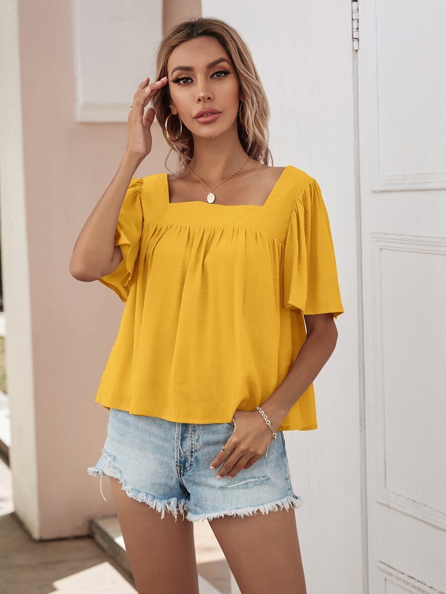 Square Neck Solid Blouse | SHEIN
