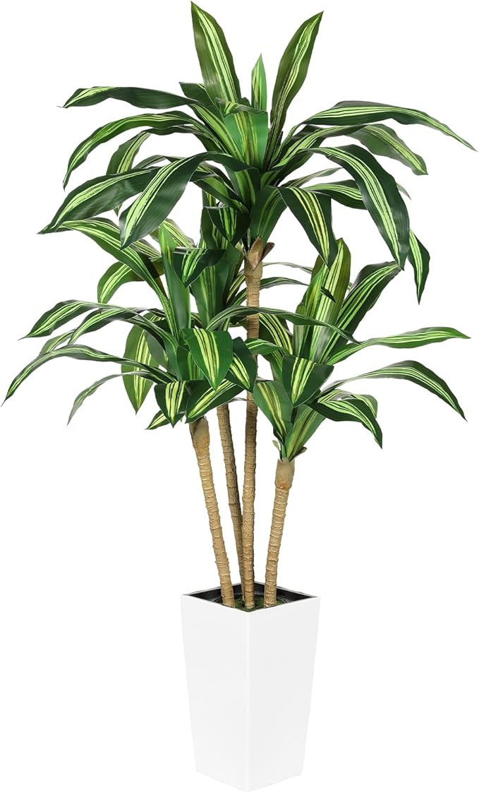 Artificial Dracaena Tree Indoor, 5.5FT Tall Fake Tree with White Tall Planter, Faux Yucca Plant f... | Amazon (US)