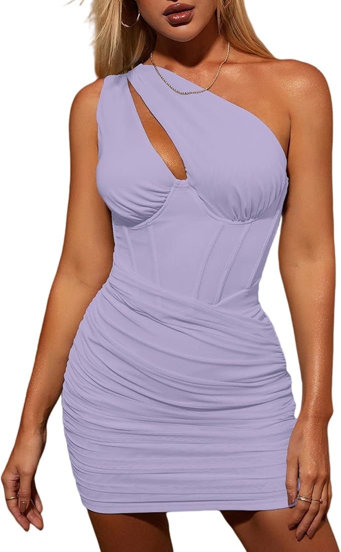 KUTUMAI Women's Sexy One Shoulder Cutout Bodycon Corset Dress Ruched Mesh Party Club Mini Dresses | Amazon (US)