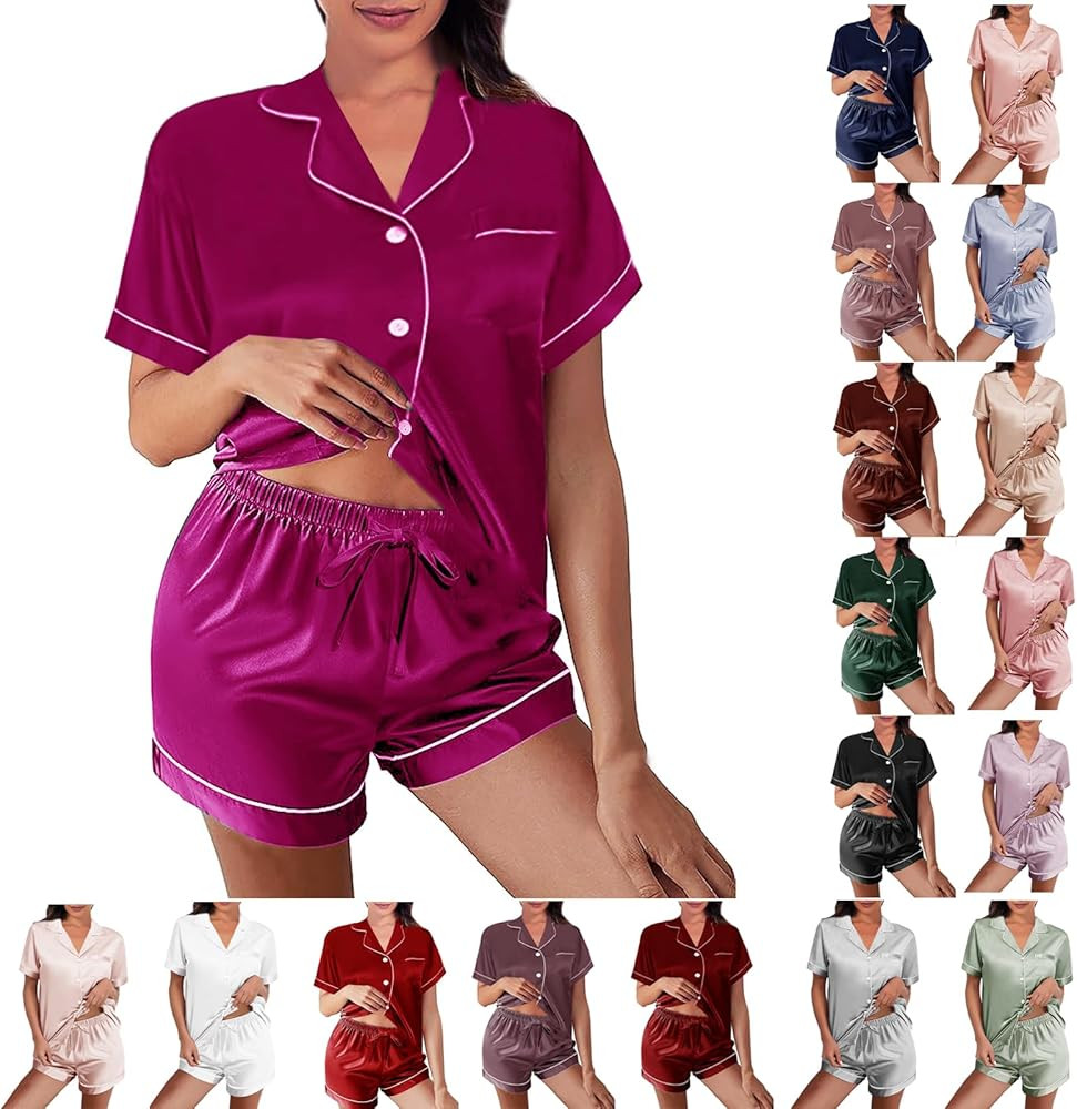 Womens Silk Satin Pajamas Loungewear Two-Piece Sleepwear Button-Down Floral Pj Set XS-4XL | Amazon (US)