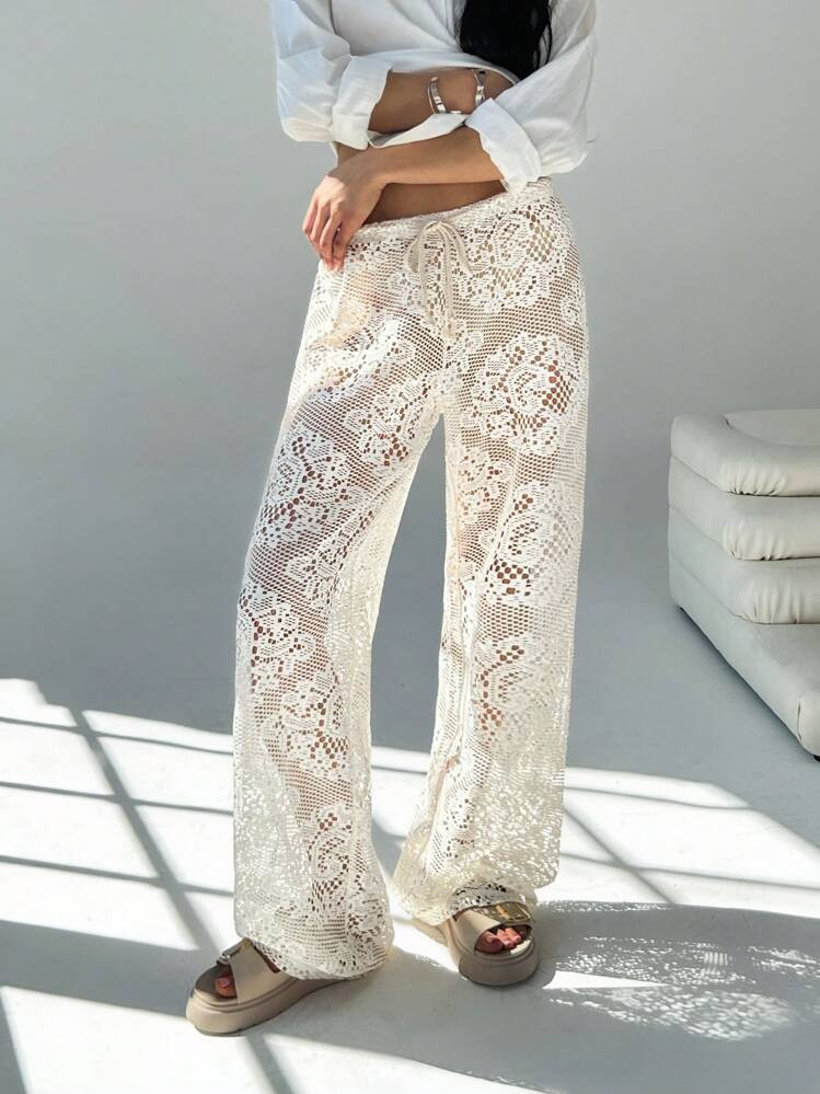 Easelle Women's Crochet Sheer Swim Cover Up Pants Drawstring Hollow Out Loose Beach Pants | SHEIN