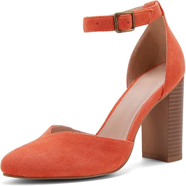 VETASTE Womens Chunky High Heel Pointed Toe Pumps Casual Ankle Strap Closed Toe Block Shoes | Amazon (US)