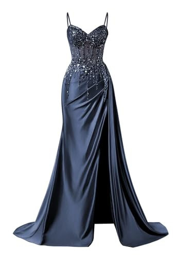 Satin Beaded Navy Blue Prom Dresses with Slit Spaghetti Straps Lace Applique Long Mermaid Prom Gowns with Train Size 8 | Amazon (US)