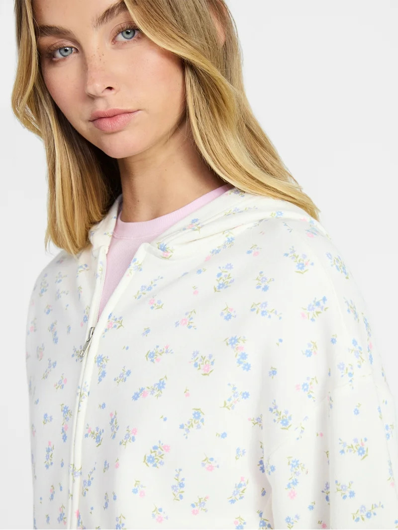 Color WHITE FLORAL selectedNo Boundaries Boxy Zip-Up Hoodie, Women's XXS-XXLNB BOXY ZIP HOODIENB ... | Walmart (US)