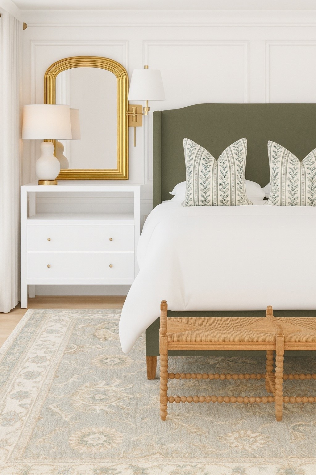 Bedroom design! Classic green styled bedroom, oushak look rug, green upholstered bed, fall bedroom design, classic decor, classic home, Grandmillennial bedroom decor

#LTKHome