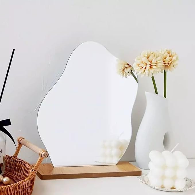 Decorative Acrylic Wavy Irregular Desk Tabletop Mirror - Minimal Nordic Scandi Style with Wooden ... | Amazon (US)